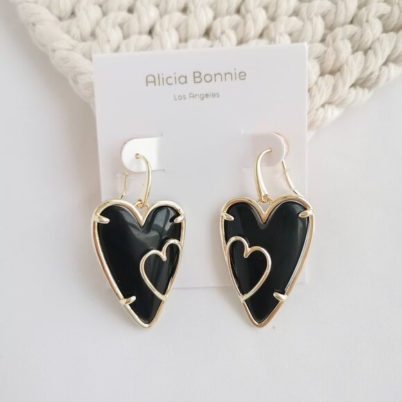 Authentic Alicia Bonnie Iris Gold Black Heart Drop Earrings - Picture 1 of 3